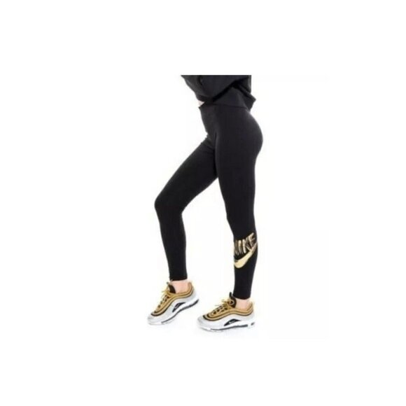 Nike NSW Metallic GX Leggings with Gold Nike and Swoosh Logos - Size Small - Picture 1 of 9